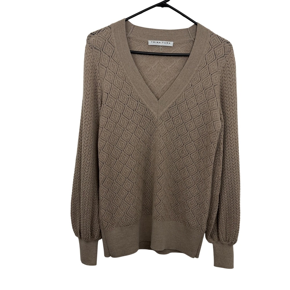 Trina Turk Sweater Womens Small Tan Pointelle V-Neck Merino Wool Bishop Sleeve